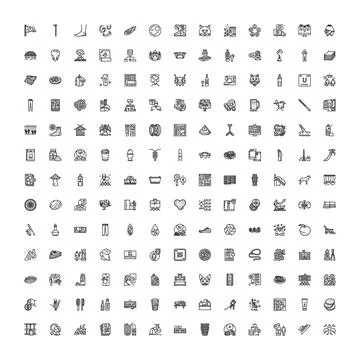 Minimalist line icon set featuring diverse everyday objects and concepts Stock Illustration