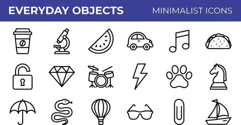 Minimalist Line Icons of Everyday Objects Collection. Stock Illustration