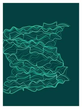 Minimalist linear art background with flowing cyan waves on dark teal surface Illustrazione stock