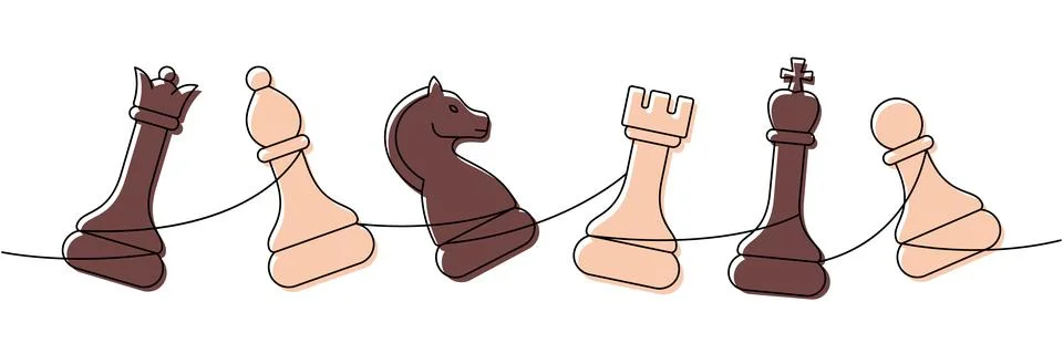 Minimalist linear chess composition with queen, bishop, knight, rook, king, and イラスト素材