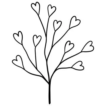 Minimalist linear drawing of a branched stem with heart-shaped leaves. Stock Illustration