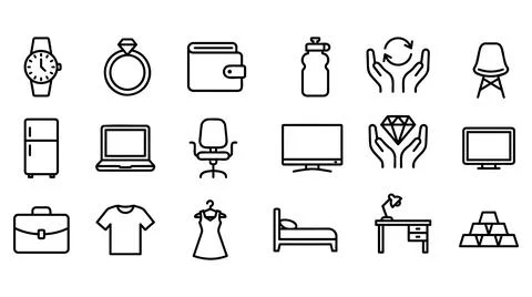 Minimalist linear icon set representing everyday lifestyle objects Stock Illustration