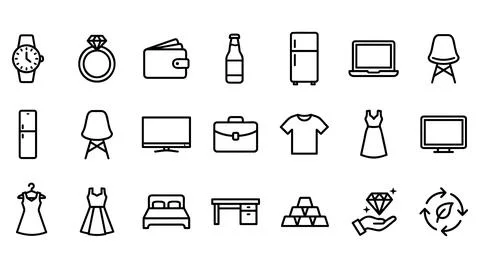 Minimalist linear icon set representing daily lifestyle goods Stock Illustration
