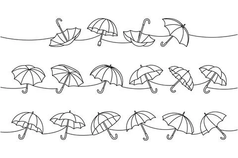 Minimalist linear outline of umbrellas in three rows on wavy lines, abstract Stock Illustration