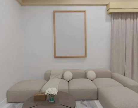 A minimalist living room rendering features a large, light wood framed blan.. Stock Illustration