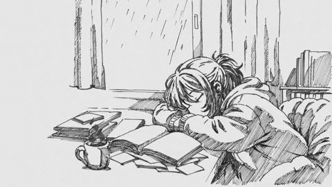 Minimalist Lofi Character Sleeping at Desk on Rainy Day Loop Stock Footage 346223462