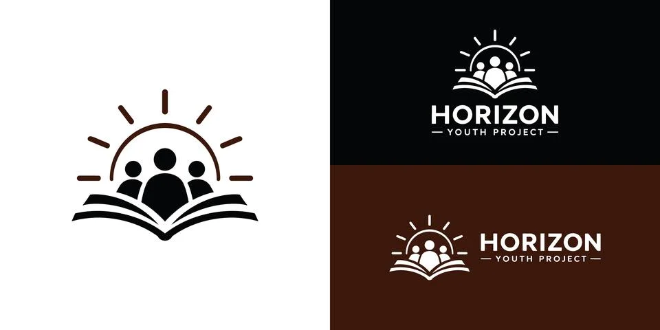 A minimalist logo featuring an open book, a rising sun, and diverse イラスト素材