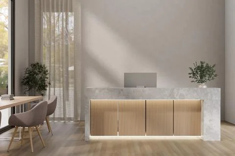 Minimalist lounge room with marble front desk reception counter table with .. Stock Illustration