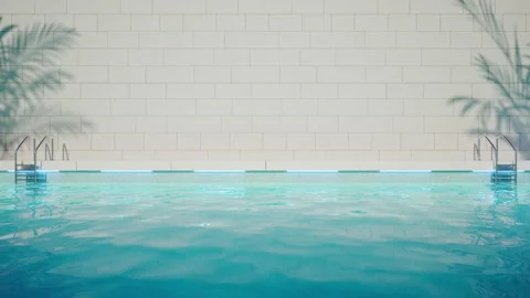 Minimalist Luxury Pool 4K 3D Render - Static Loop with Palm Shadows and Neon Stock Footage 329440508