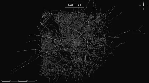 Minimalist map of Raleigh features pulsing white traffic lights traveling Stock Footage 346772330