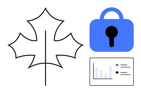 A minimalist maple leaf, a blue padlock, and a data chart emphasize cybersecu Stock Illustration