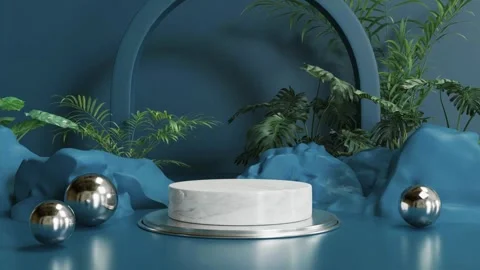 Minimalist marble pedestal display set amidst lush blue tropical foliage with Stock Footage 346042838