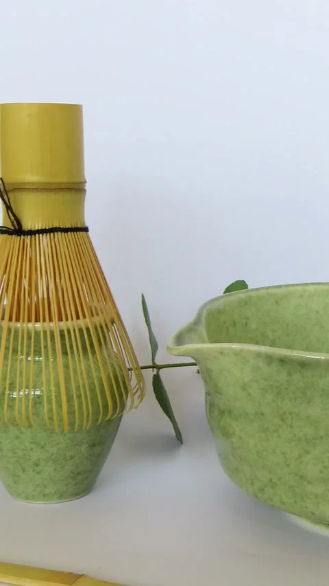 Minimalist Matcha Tea Ceremony Setup with Ceramic Tea Kit 4K Vertical Video 스톡 동영상 335640996