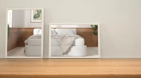 Minimalist mirrors on wooden table, desk or shelf reflecting interior design  Stock Illustration