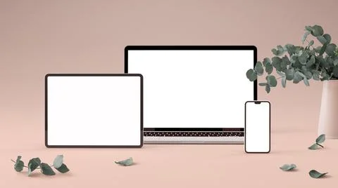 Minimalist mockup of notebook, tablet and phone with eucalyptus leaves. Elega Stock Illustration