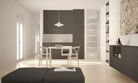 Minimalist modern bright kitchen with dining table and chairs, big windows, w Illustrazione stock