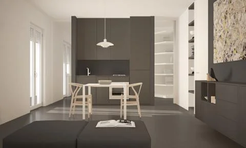 Minimalist modern bright kitchen with dining table and chairs, big windows, w Illustrazione stock