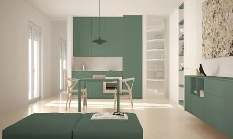 Minimalist modern bright kitchen with dining table and chairs, big windows, w Illustrazione stock