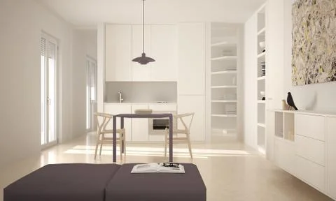 Minimalist modern bright kitchen with dining table and chairs, big windows, w Stock Illustration