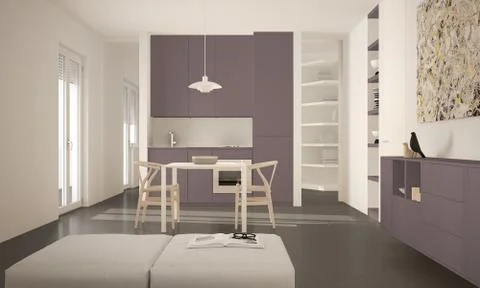 Minimalist modern bright kitchen with dining table and chairs, big windows, w Stock Illustration
