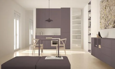 Minimalist modern bright kitchen with dining table and chairs, big windows, w Illustrazione stock