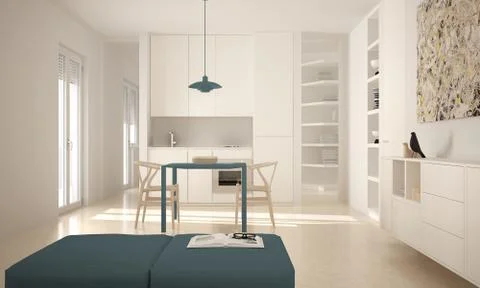 Minimalist modern bright kitchen with dining table and chairs, big windows, w Stock Illustration