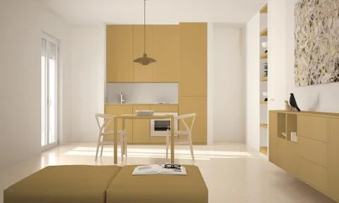 Minimalist modern bright kitchen with dining table and chairs, big windows, w Illustrazione stock