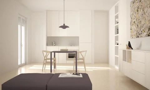 Minimalist modern bright kitchen with dining table and chairs, big windows, w Stock Illustration