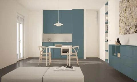 Minimalist modern bright kitchen with dining table and chairs, big windows, w Illustrazione stock