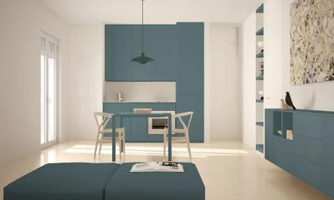 Minimalist modern bright kitchen with dining table and chairs, big windows, w Stock Illustration