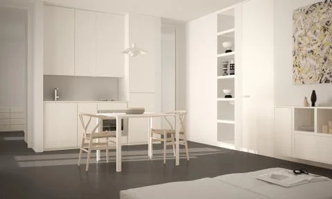 Minimalist modern bright kitchen with dining table and chairs, big windows, w Illustrazione stock