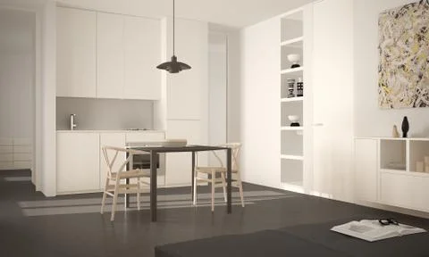 Minimalist modern bright kitchen with dining table and chairs, big windows, w Illustrazione stock