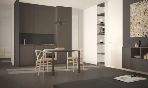 Minimalist modern bright kitchen with dining table and chairs, big windows, w Illustrazione stock