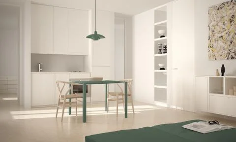 Minimalist modern bright kitchen with dining table and chairs, big windows, w Stock Illustration