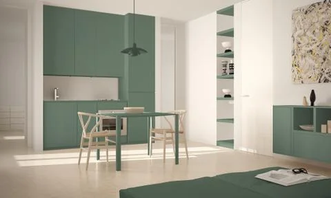 Minimalist modern bright kitchen with dining table and chairs, big windows, w Illustrazione stock
