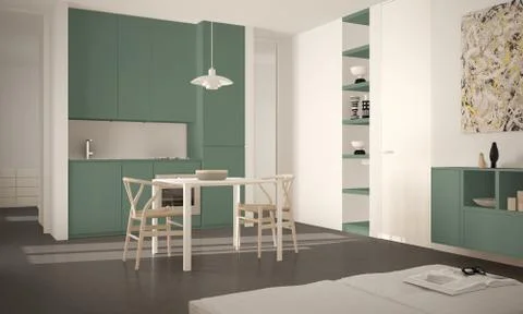 Minimalist modern bright kitchen with dining table and chairs, big windows, w Illustrazione stock