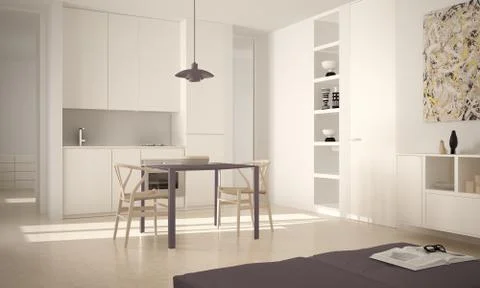 Minimalist modern bright kitchen with dining table and chairs, big windows, w Illustrazione stock