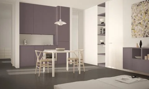 Minimalist modern bright kitchen with dining table and chairs, big windows, w Illustrazione stock