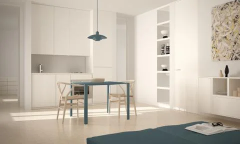 Minimalist modern bright kitchen with dining table and chairs, big windows, w Illustrazione stock