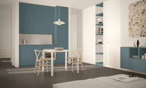 Minimalist modern bright kitchen with dining table and chairs, big windows, w Illustrazione stock