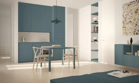 Minimalist modern bright kitchen with dining table and chairs, big windows, w Illustrazione stock