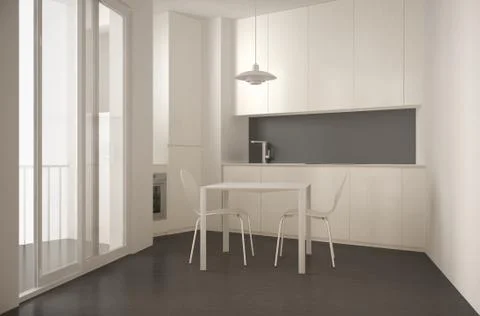 Minimalist modern kitchen with big window and dining table with chairs, white Illustrazione stock