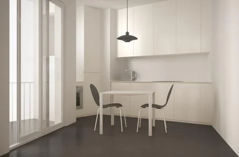 Minimalist modern kitchen with big window and dining table with chairs, white Illustrazione stock