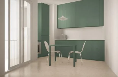 Minimalist modern kitchen with big window and dining table with chairs, white Illustrazione stock
