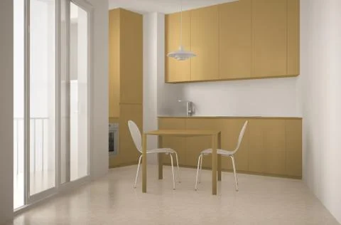 Minimalist modern kitchen with big window and dining table with chairs, white Stock Illustration
