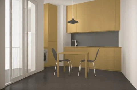 Minimalist modern kitchen with big window and dining table with chairs, gray  Stock Illustration