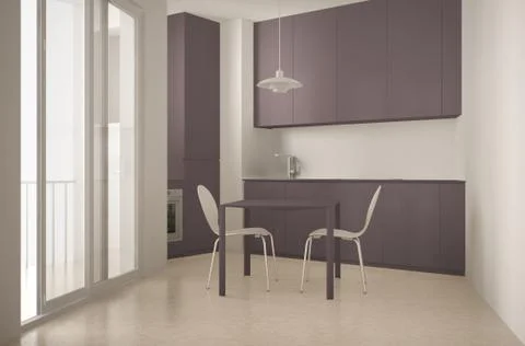 Minimalist modern kitchen with big window and dining table with chairs, white Stock Illustration