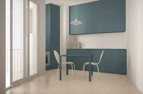 Minimalist modern kitchen with big window and dining table with chairs, white Stock Illustration