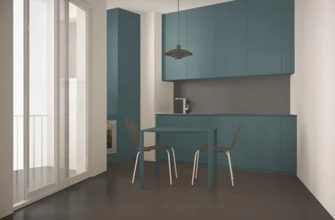 Minimalist modern kitchen with big window and dining table with chairs, gray  Stock Illustration