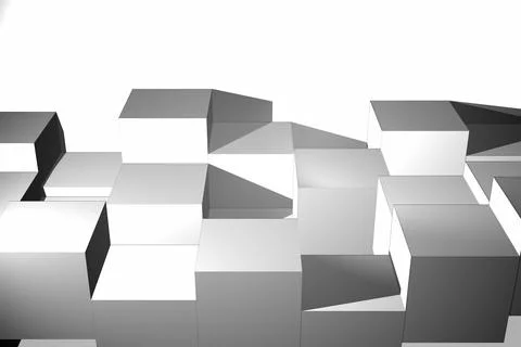 Minimalist monochromatic 3D render showing offset grid of white gray cubes and 스톡 일러스트